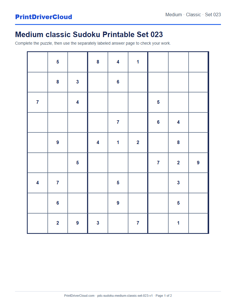Preview of Medium classic Sudoku Printable Set 023