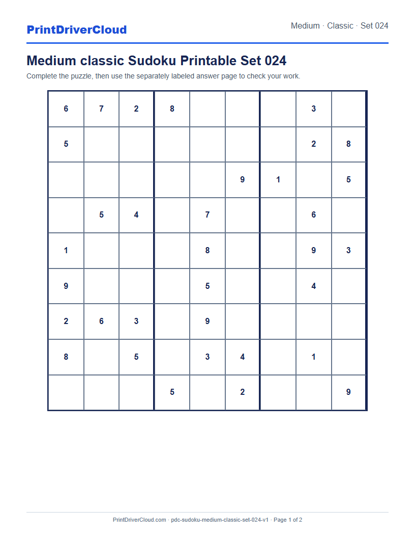 Preview of Medium classic Sudoku Printable Set 024