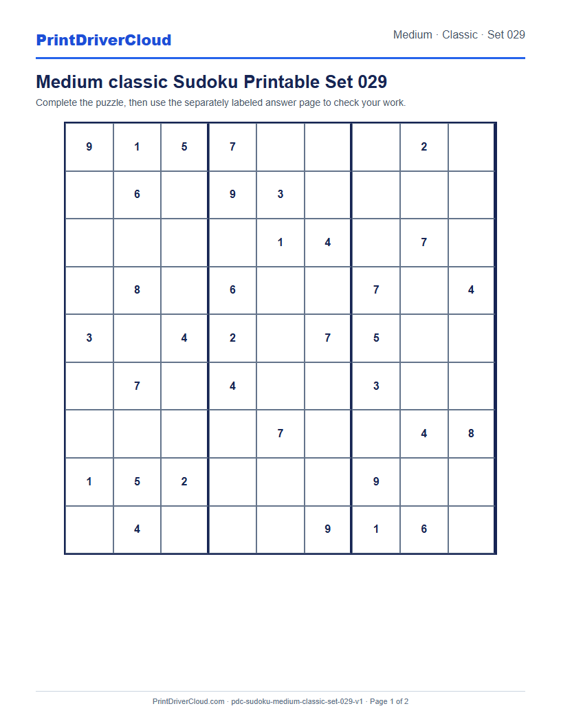 Preview of Medium classic Sudoku Printable Set 029