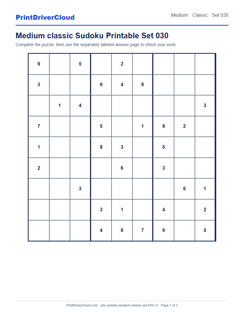 Preview of Medium classic Sudoku Printable Set 030