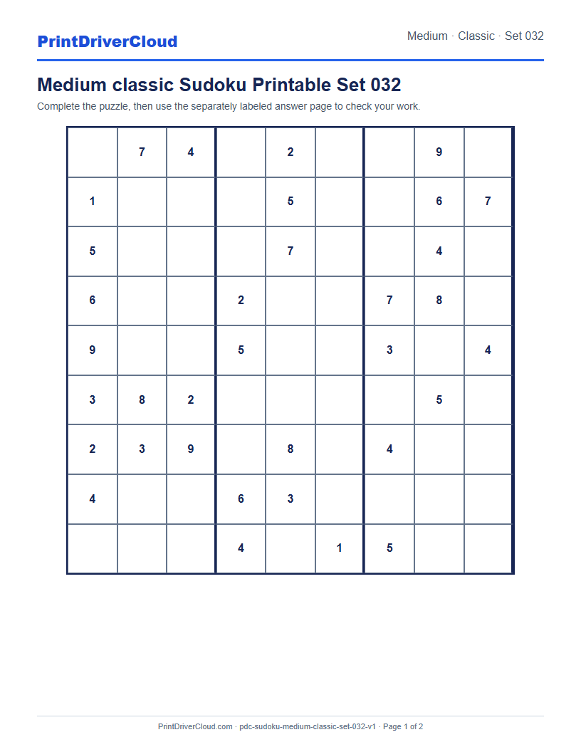 Preview of Medium classic Sudoku Printable Set 032