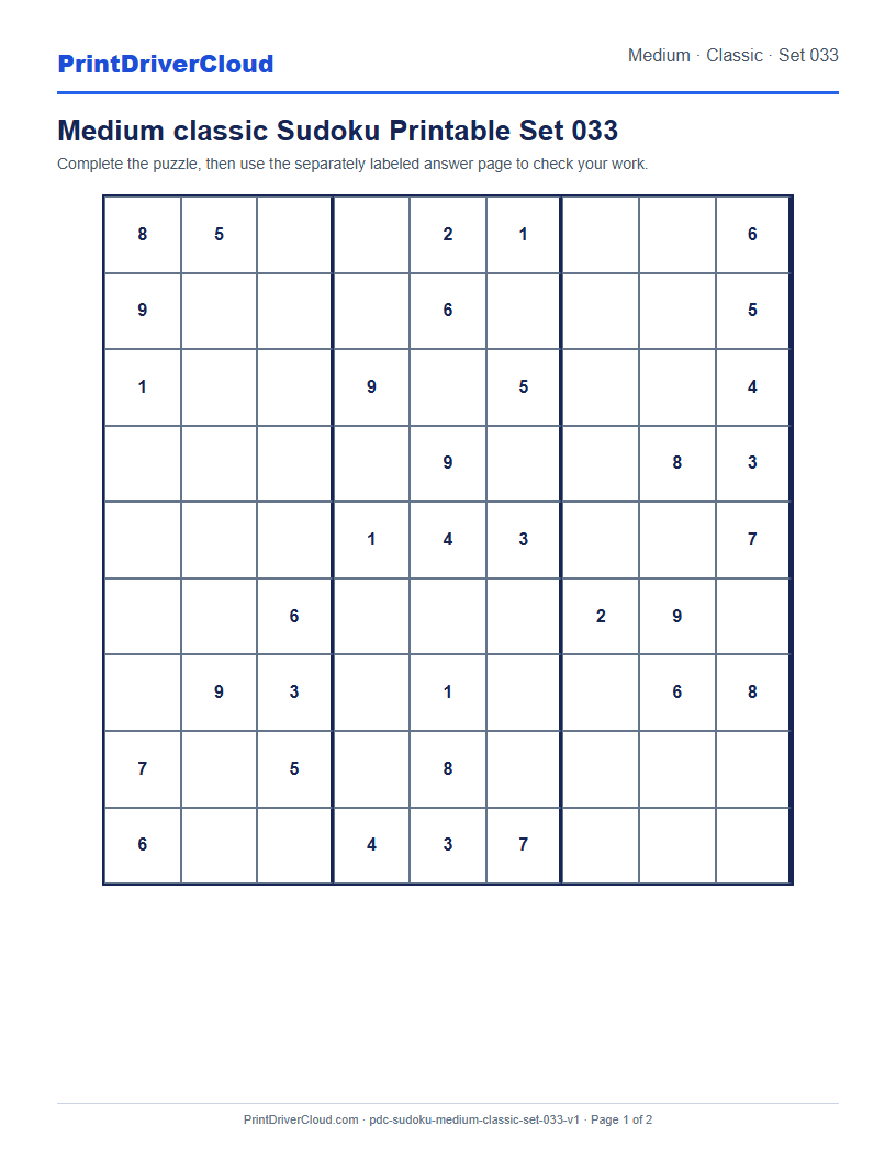 Preview of Medium classic Sudoku Printable Set 033