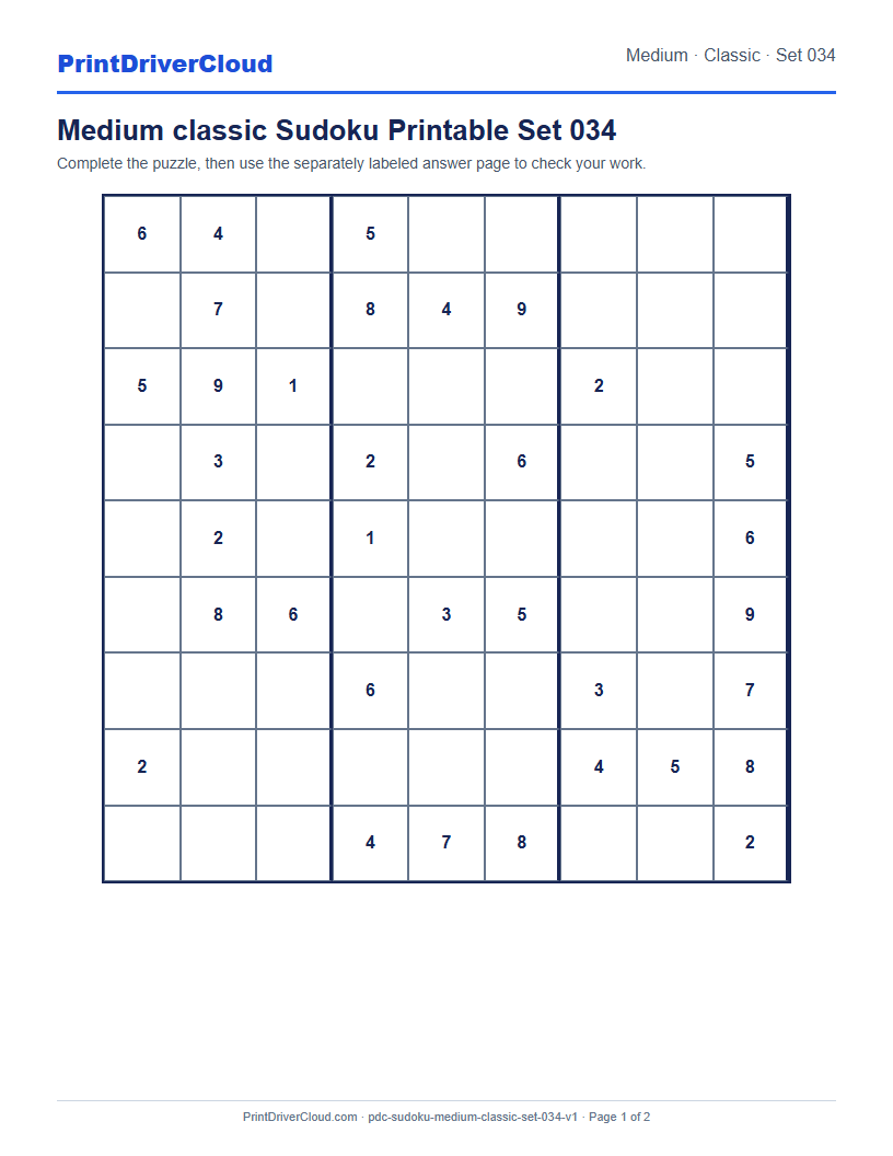 Preview of Medium classic Sudoku Printable Set 034