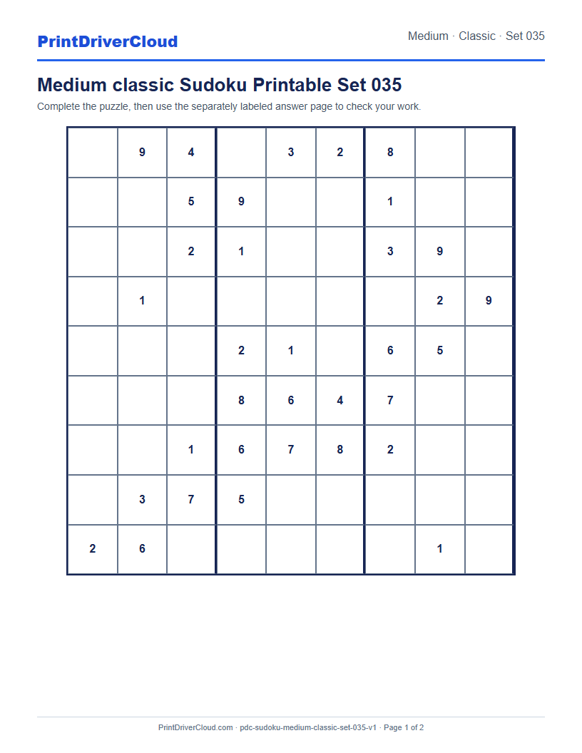 Preview of Medium classic Sudoku Printable Set 035