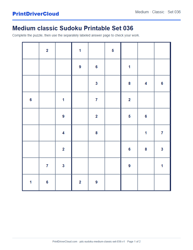 Preview of Medium classic Sudoku Printable Set 036