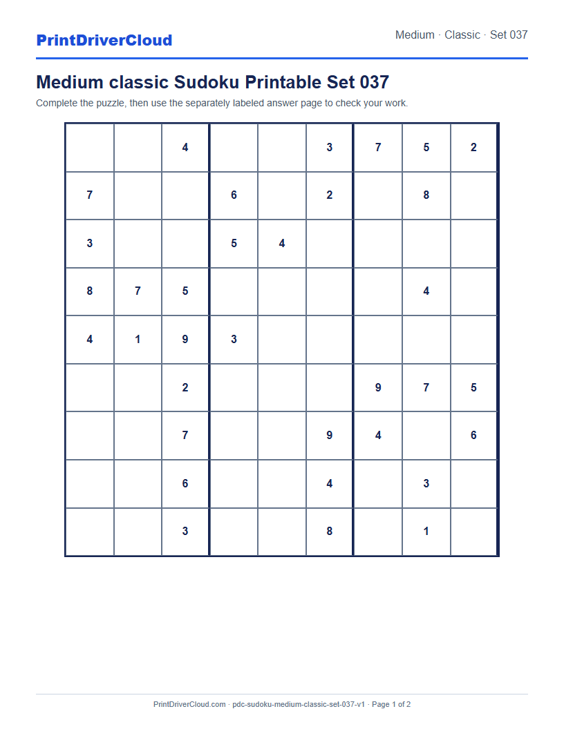 Preview of Medium classic Sudoku Printable Set 037