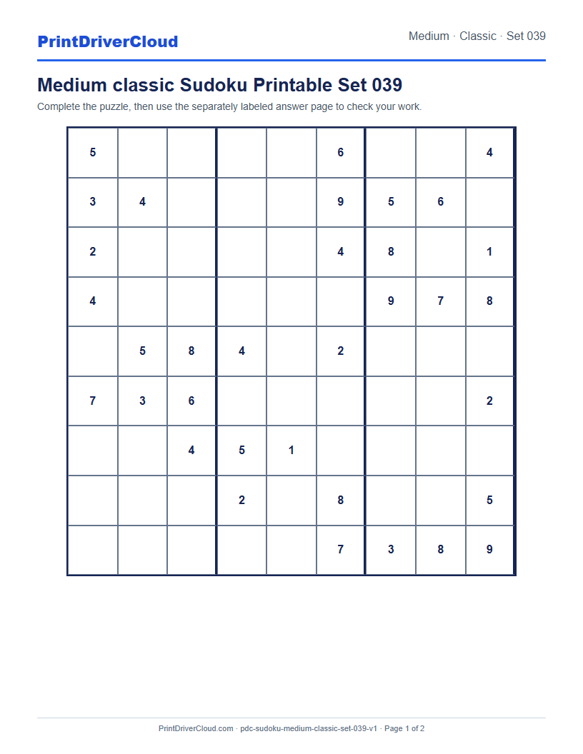 Preview of Medium classic Sudoku Printable Set 039