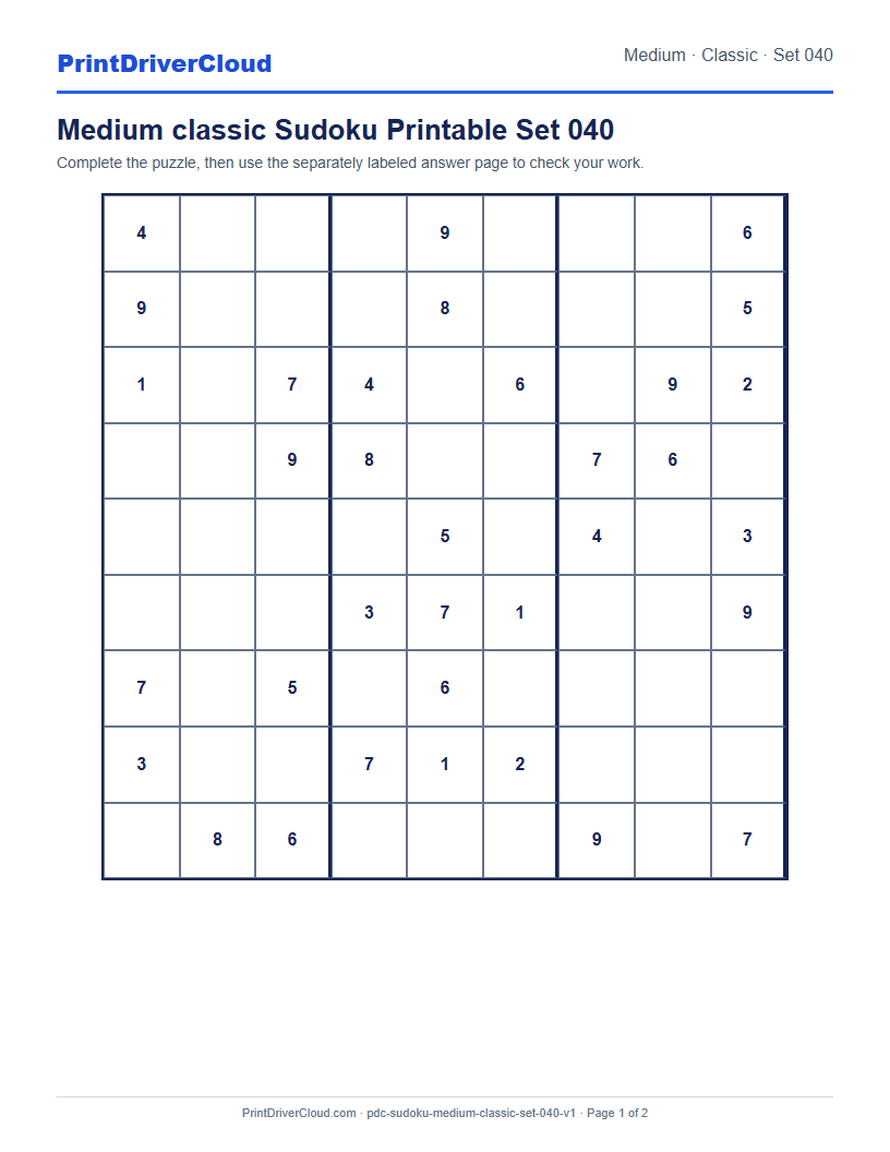 Preview of Medium classic Sudoku Printable Set 040