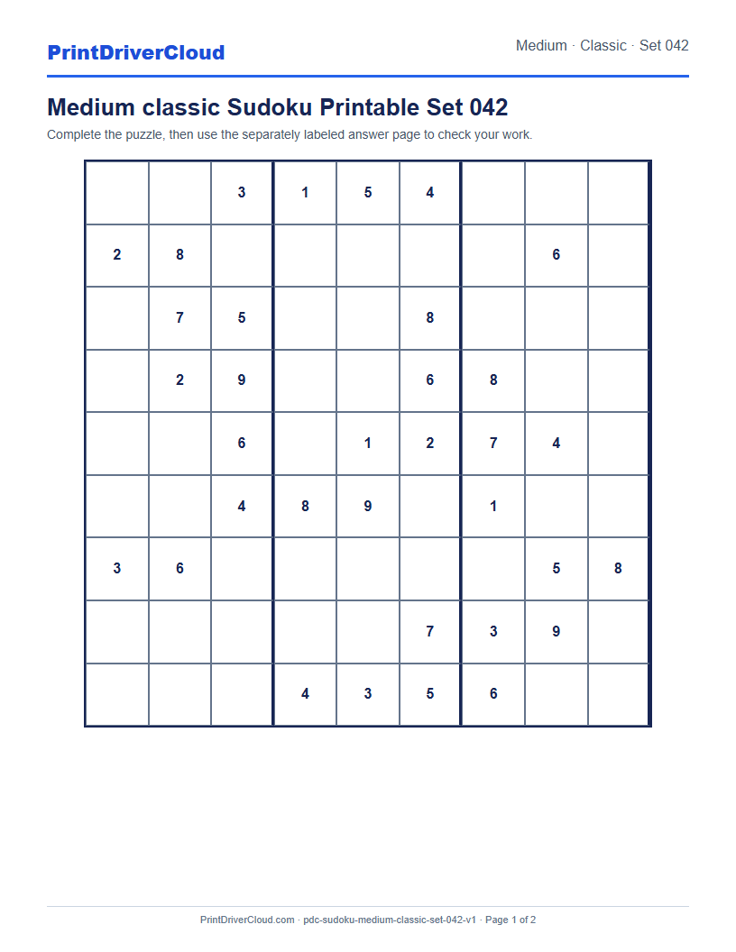 Preview of Medium classic Sudoku Printable Set 042