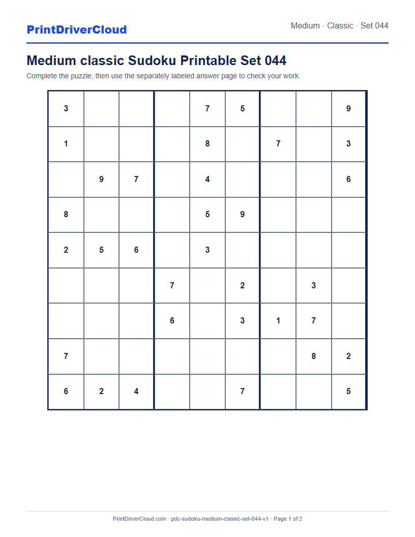 Preview of Medium classic Sudoku Printable Set 044