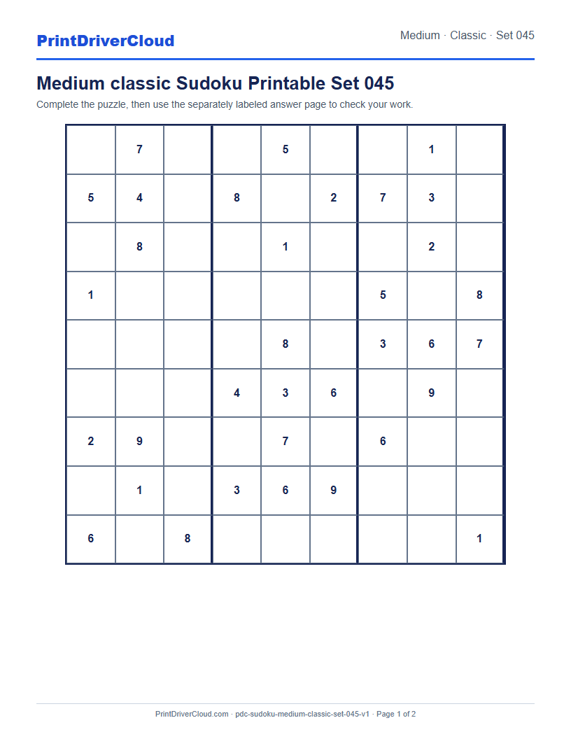 Preview of Medium classic Sudoku Printable Set 045