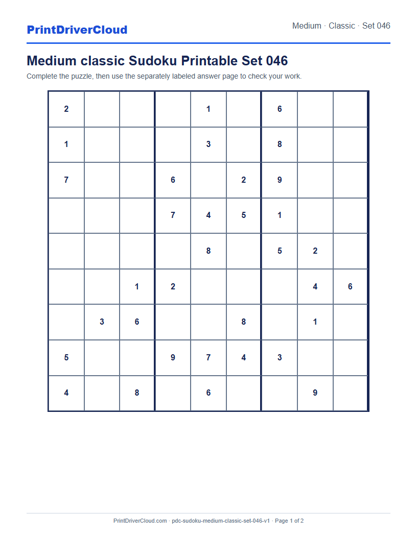 Preview of Medium classic Sudoku Printable Set 046