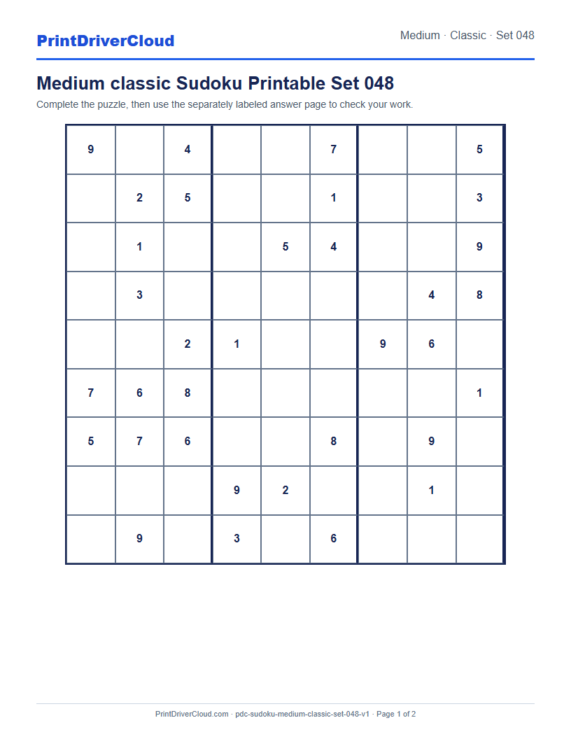 Preview of Medium classic Sudoku Printable Set 048