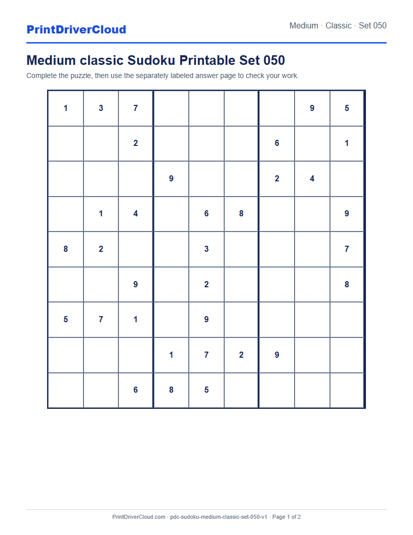 Preview of Medium classic Sudoku Printable Set 050
