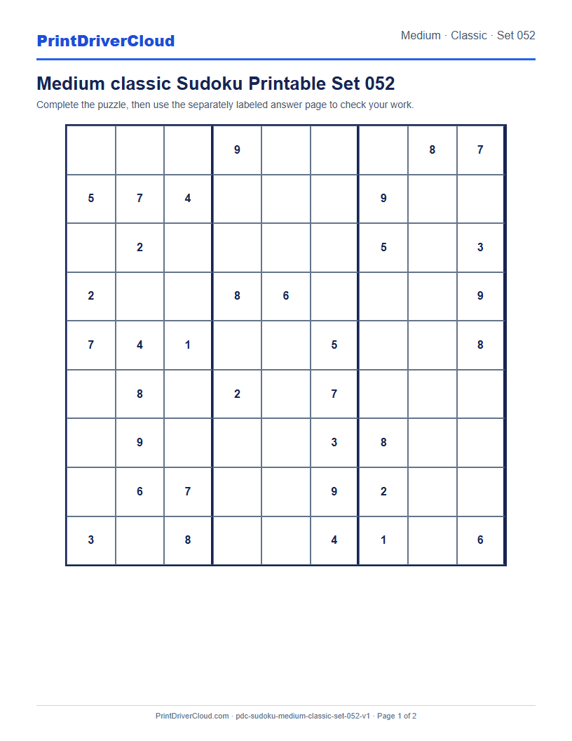Preview of Medium classic Sudoku Printable Set 052