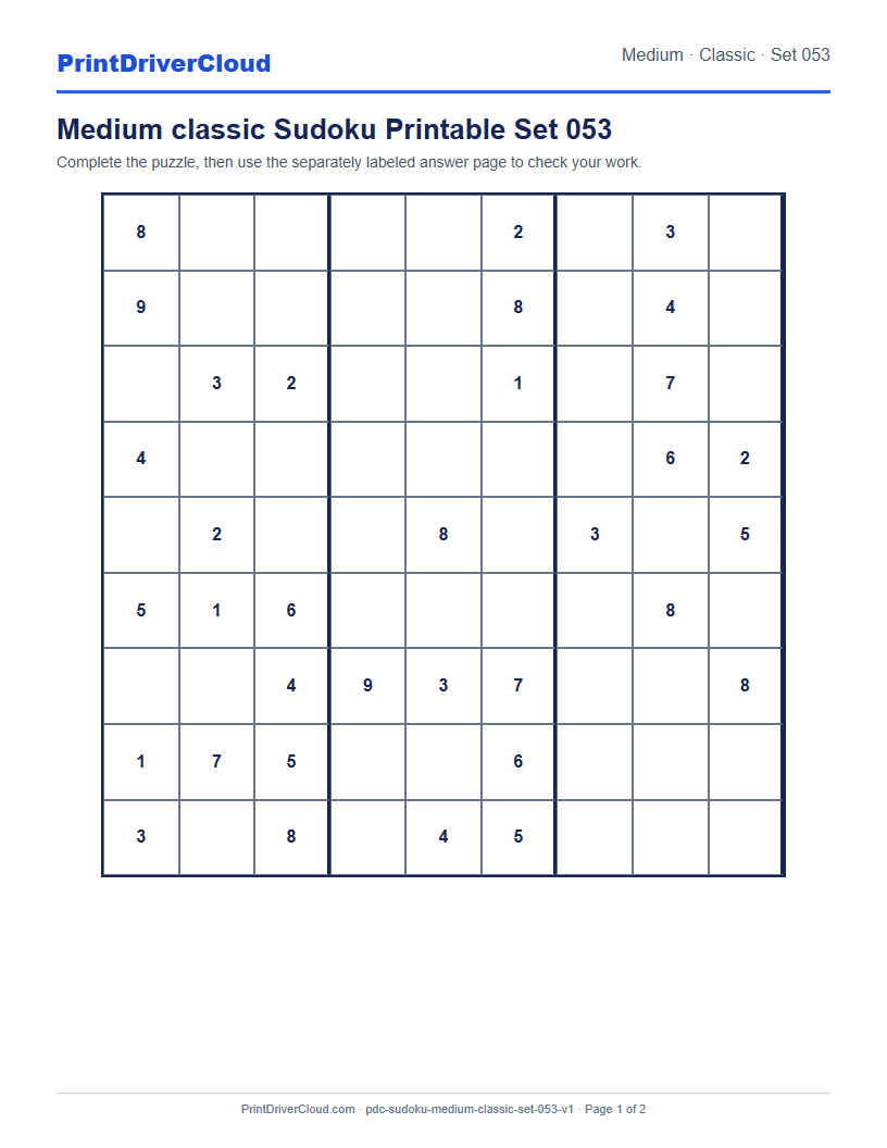 Preview of Medium classic Sudoku Printable Set 053