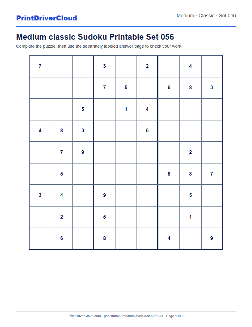 Preview of Medium classic Sudoku Printable Set 056