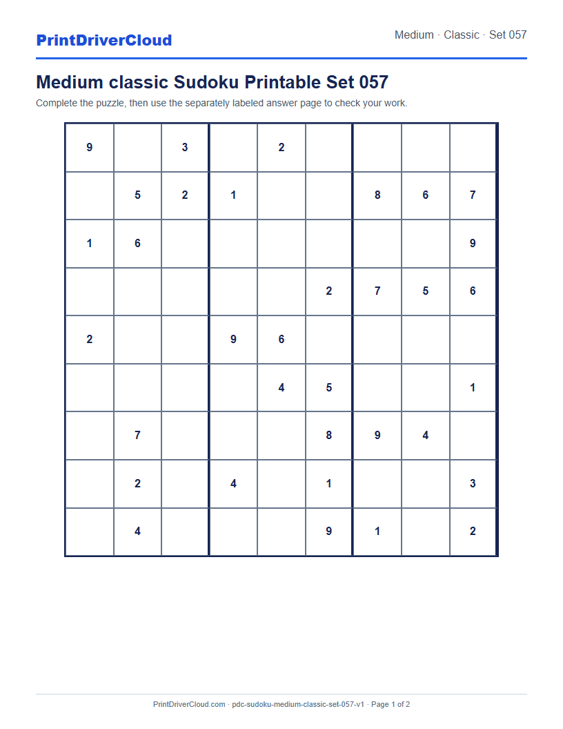 Preview of Medium classic Sudoku Printable Set 057