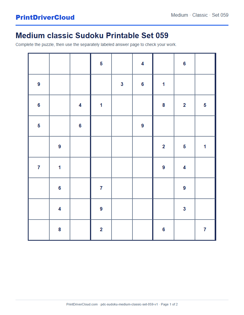Preview of Medium classic Sudoku Printable Set 059