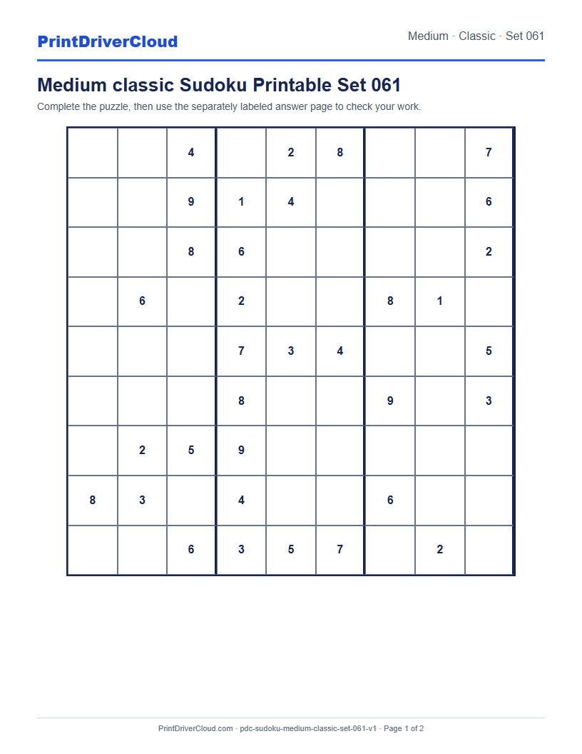 Preview of Medium classic Sudoku Printable Set 061