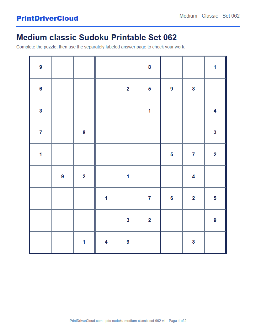Preview of Medium classic Sudoku Printable Set 062