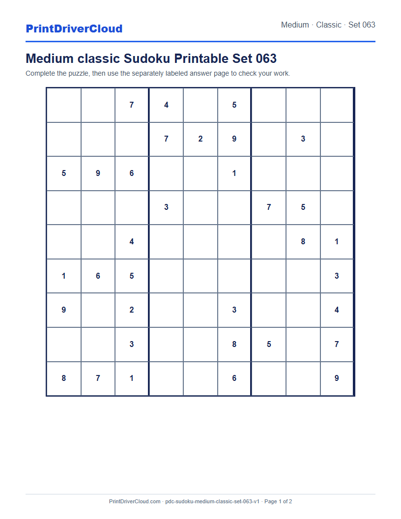 Preview of Medium classic Sudoku Printable Set 063