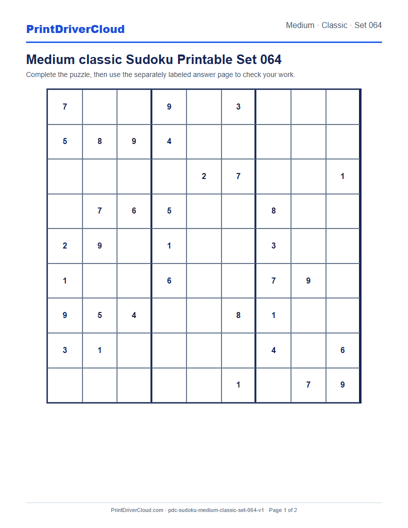 Preview of Medium classic Sudoku Printable Set 064
