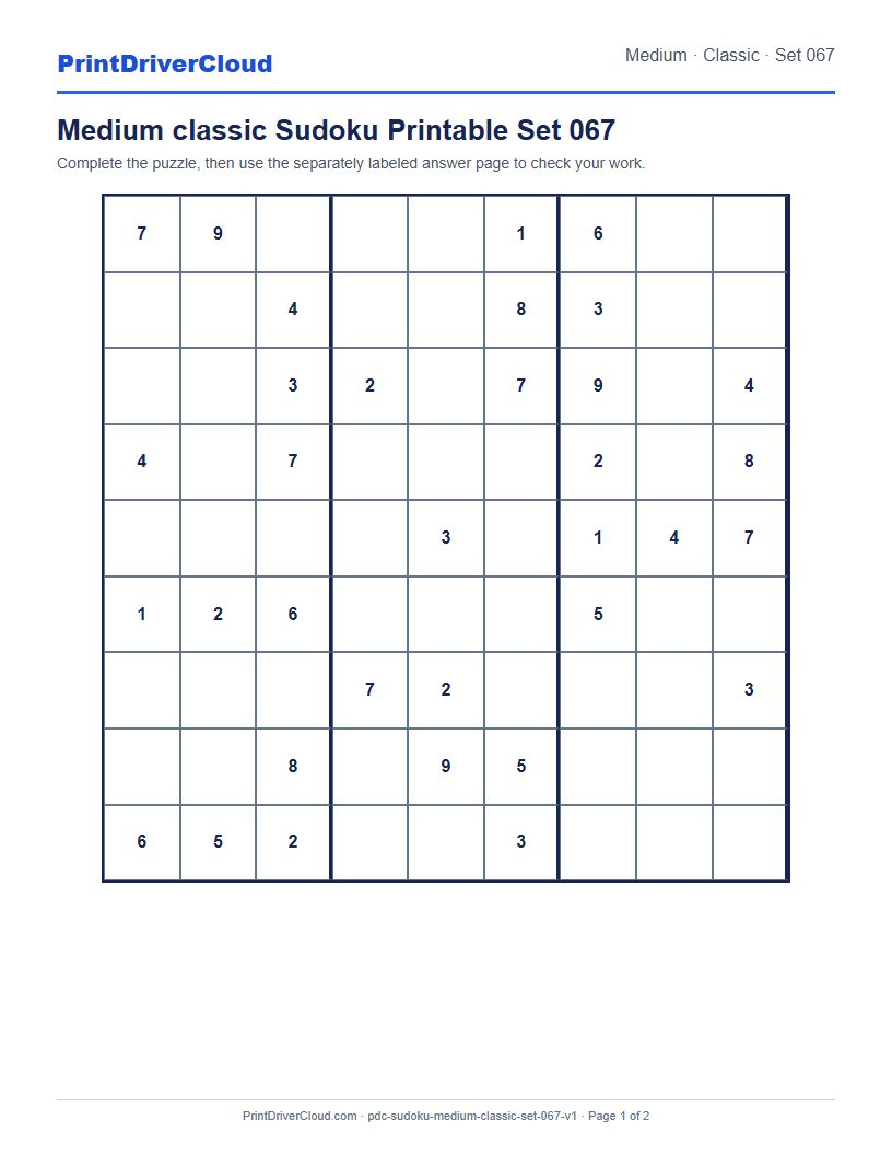 Preview of Medium classic Sudoku Printable Set 067