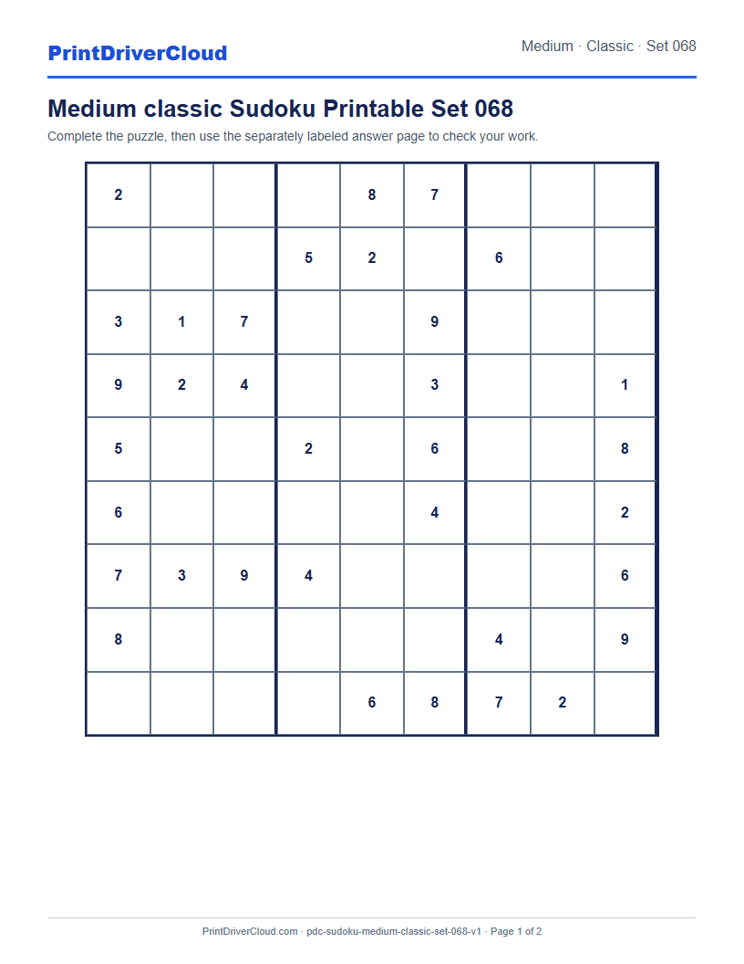 Preview of Medium classic Sudoku Printable Set 068