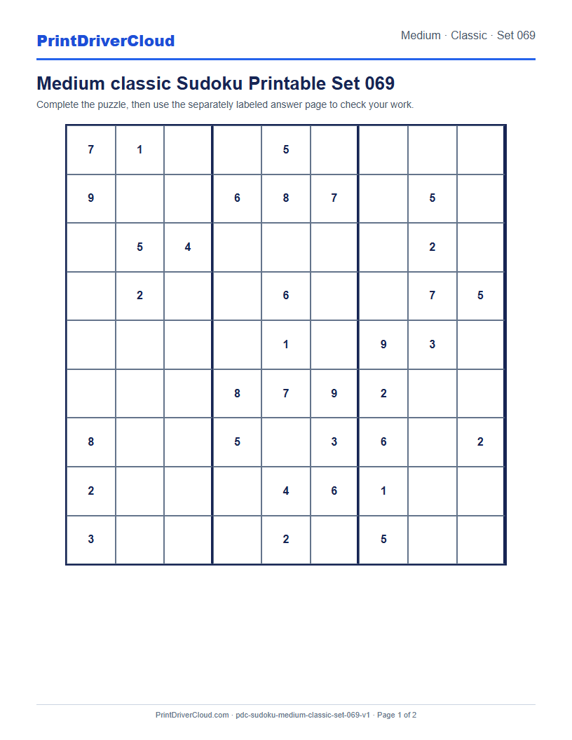 Preview of Medium classic Sudoku Printable Set 069