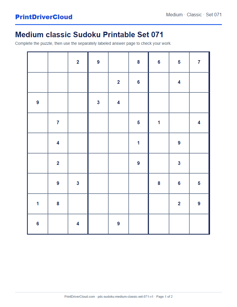 Preview of Medium classic Sudoku Printable Set 071