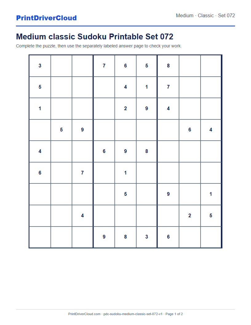 Preview of Medium classic Sudoku Printable Set 072