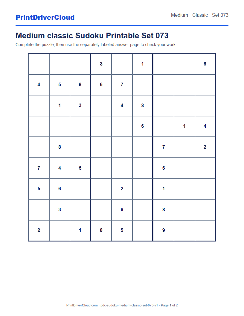 Preview of Medium classic Sudoku Printable Set 073