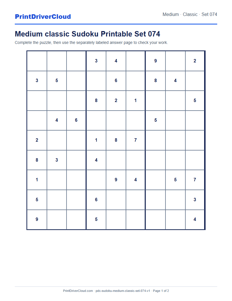 Preview of Medium classic Sudoku Printable Set 074
