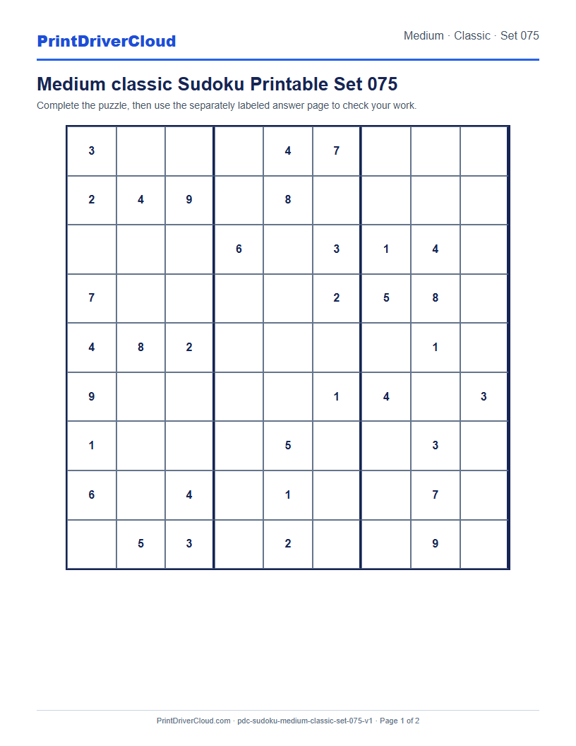 Preview of Medium classic Sudoku Printable Set 075