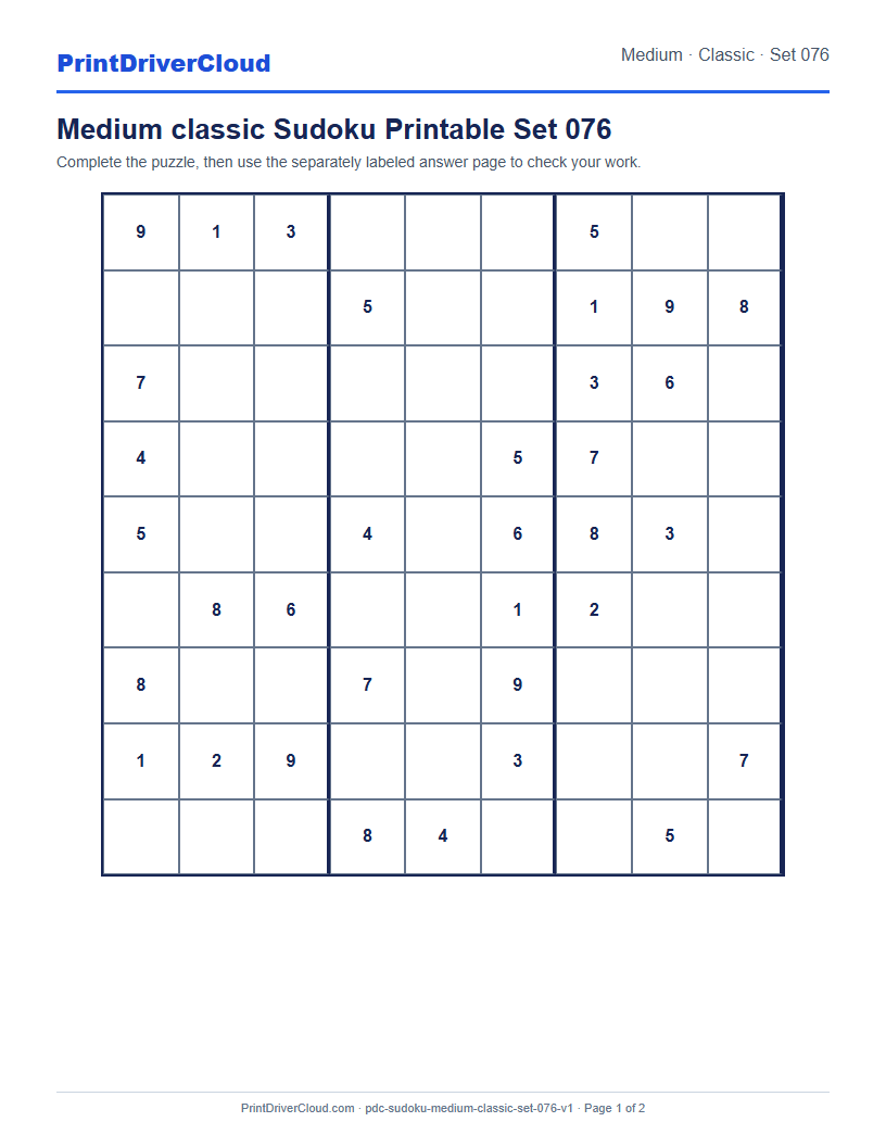 Preview of Medium classic Sudoku Printable Set 076
