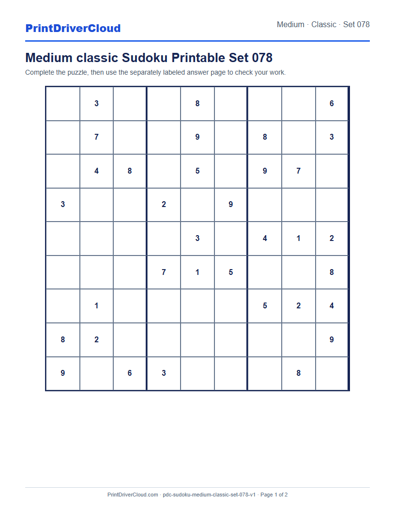 Preview of Medium classic Sudoku Printable Set 078