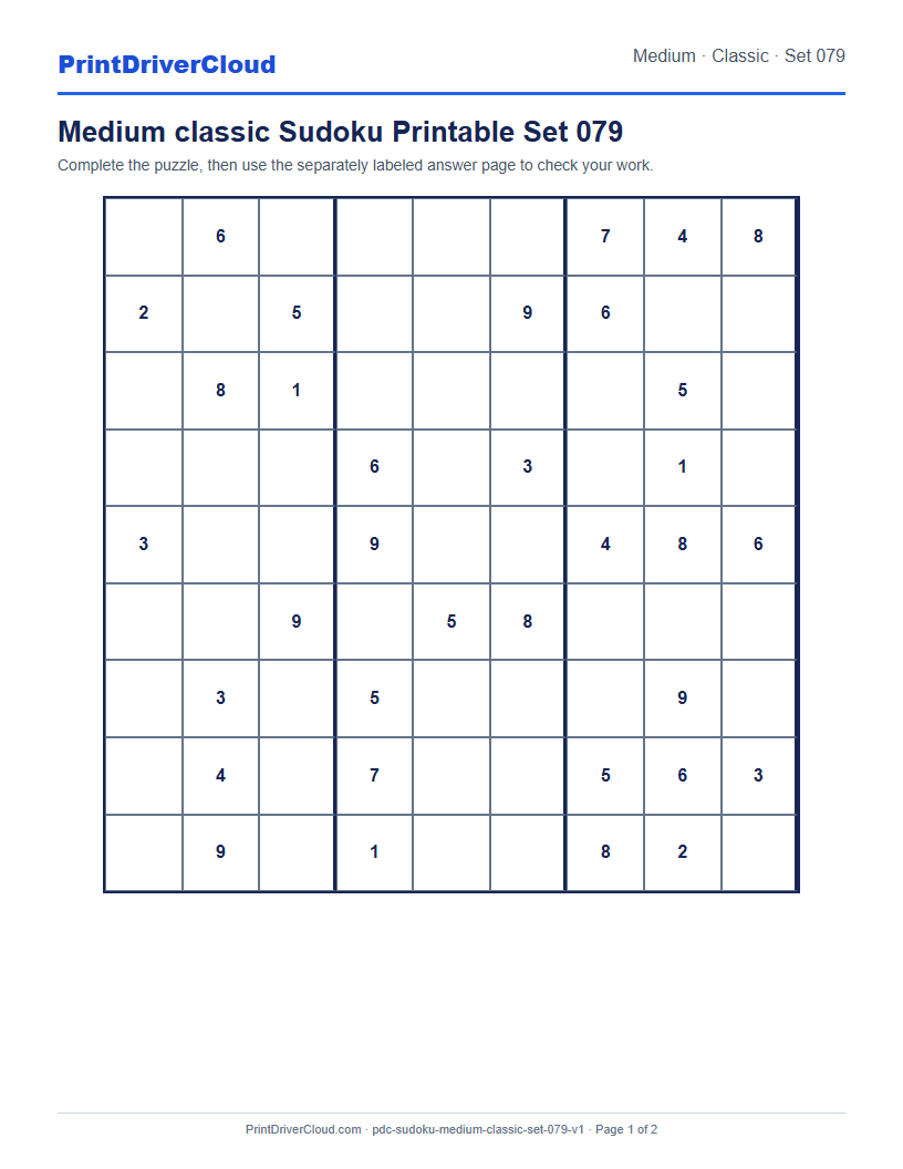 Preview of Medium classic Sudoku Printable Set 079