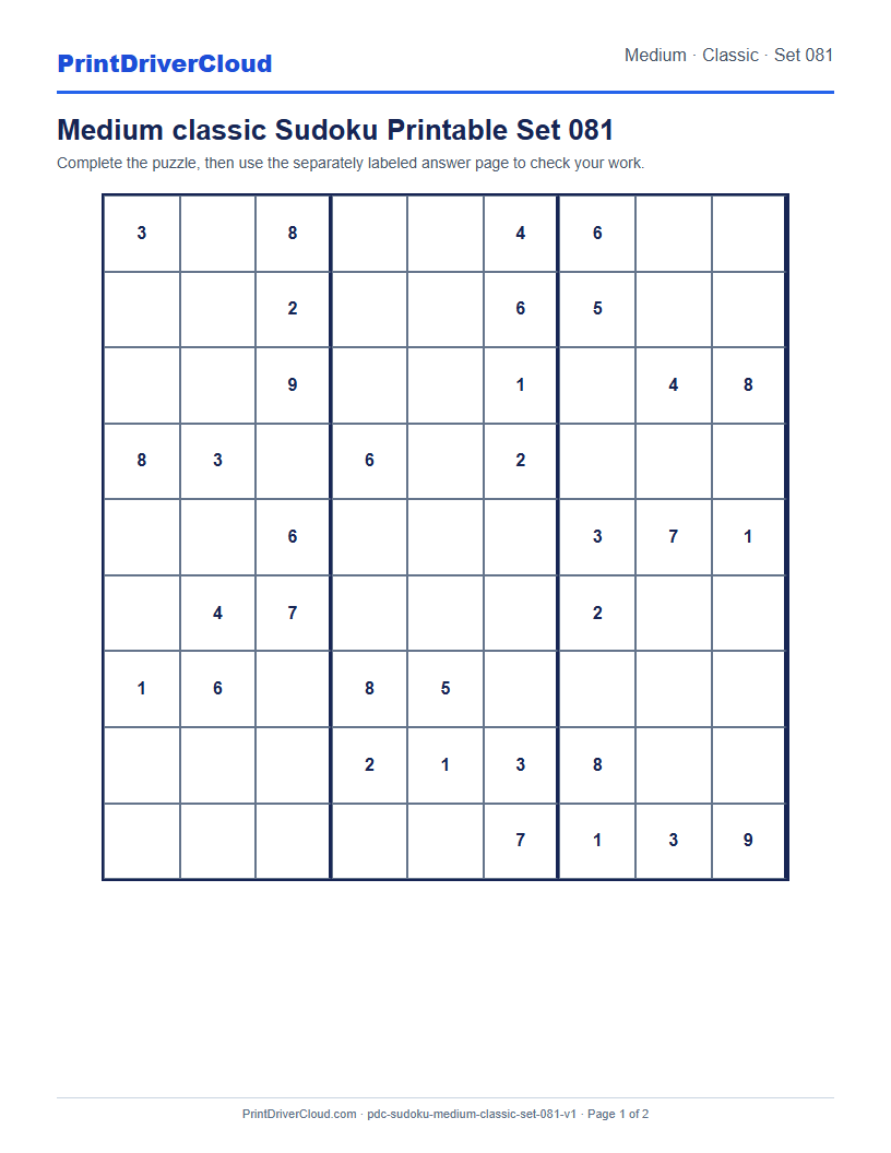 Preview of Medium classic Sudoku Printable Set 081