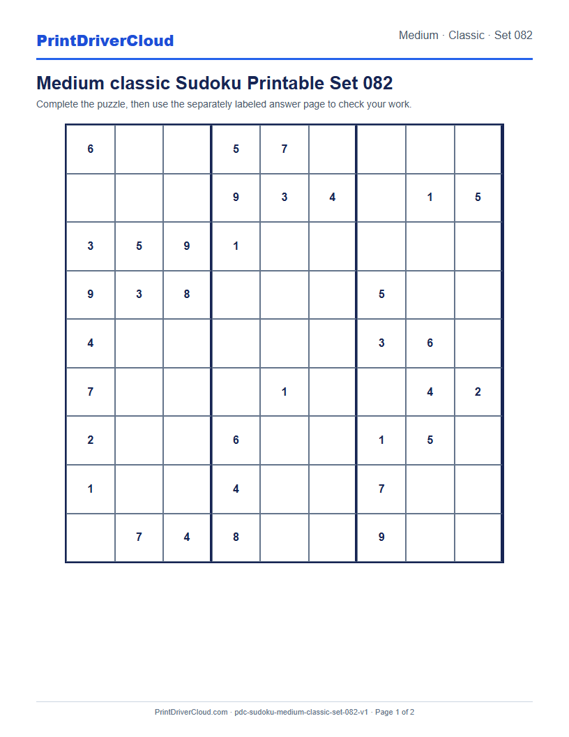 Preview of Medium classic Sudoku Printable Set 082