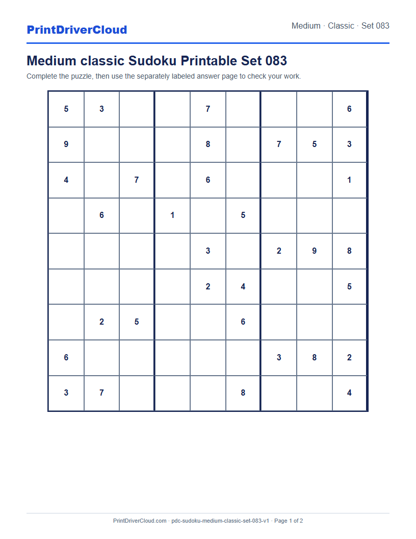 Preview of Medium classic Sudoku Printable Set 083