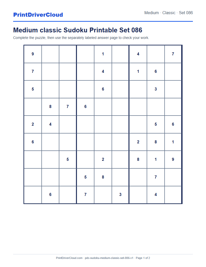 Preview of Medium classic Sudoku Printable Set 086