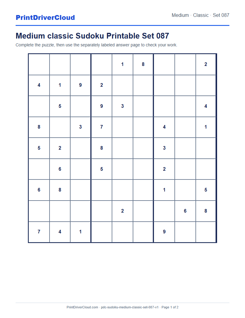 Preview of Medium classic Sudoku Printable Set 087