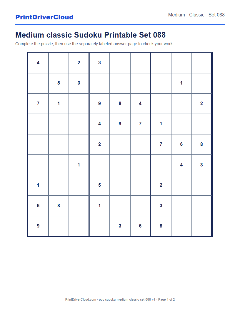 Preview of Medium classic Sudoku Printable Set 088