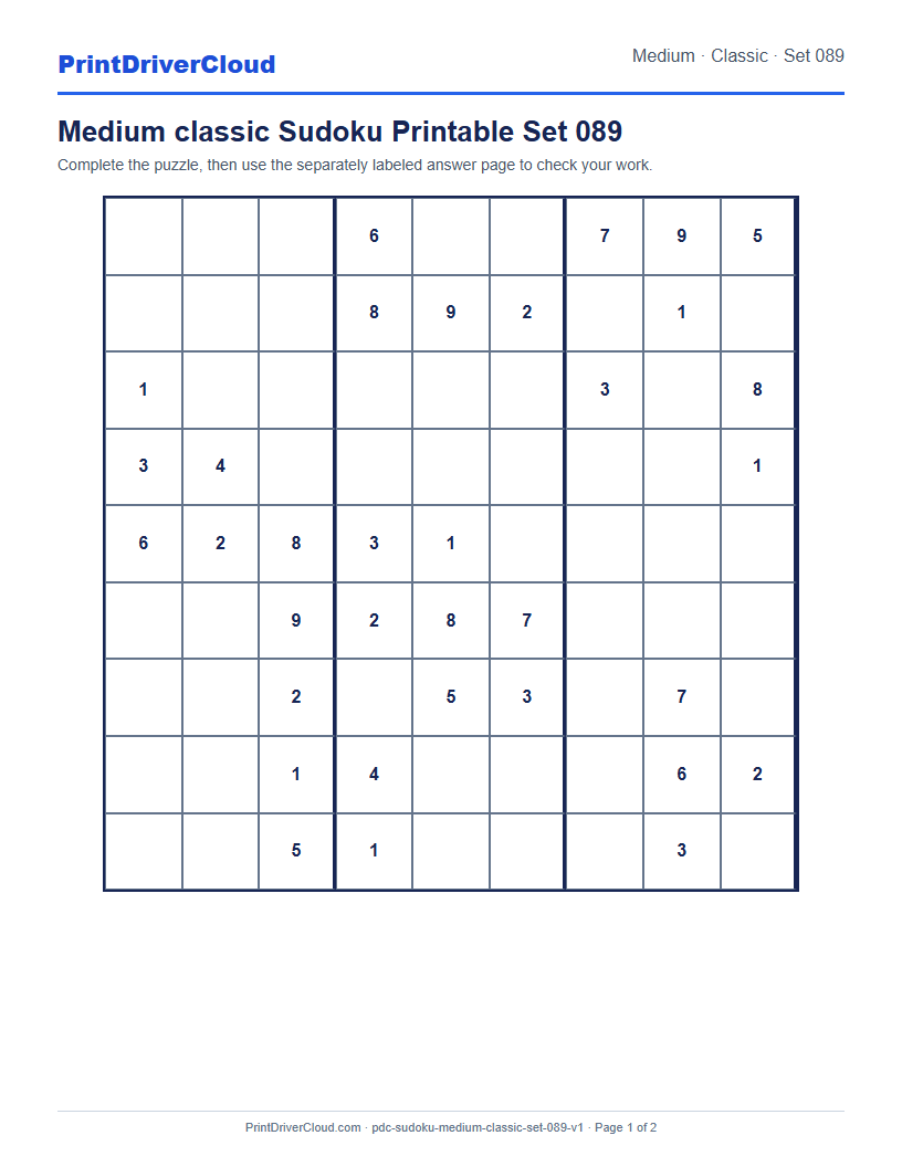 Preview of Medium classic Sudoku Printable Set 089
