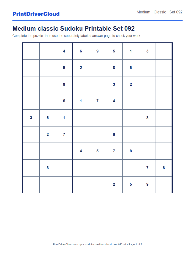 Preview of Medium classic Sudoku Printable Set 092