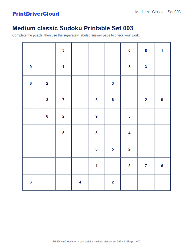 Preview of Medium classic Sudoku Printable Set 093