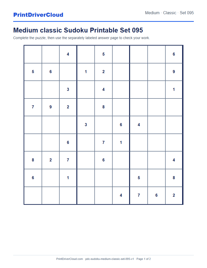 Preview of Medium classic Sudoku Printable Set 095