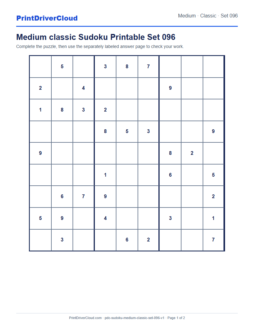 Preview of Medium classic Sudoku Printable Set 096