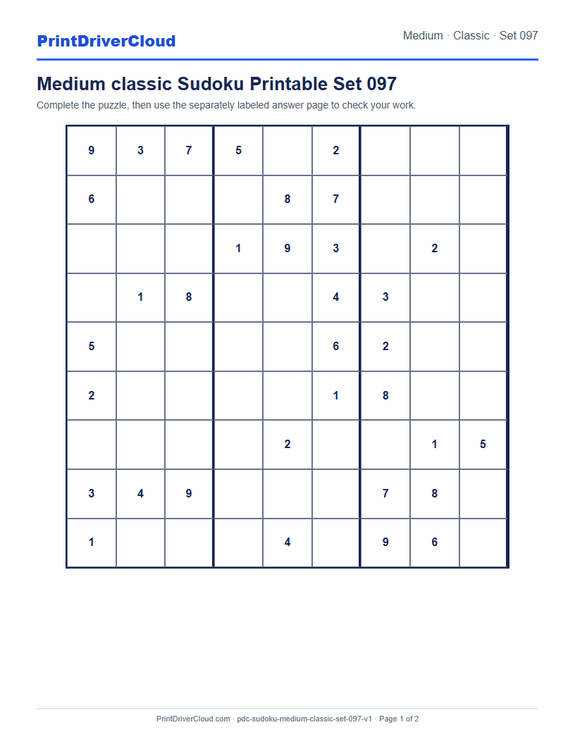 Preview of Medium classic Sudoku Printable Set 097